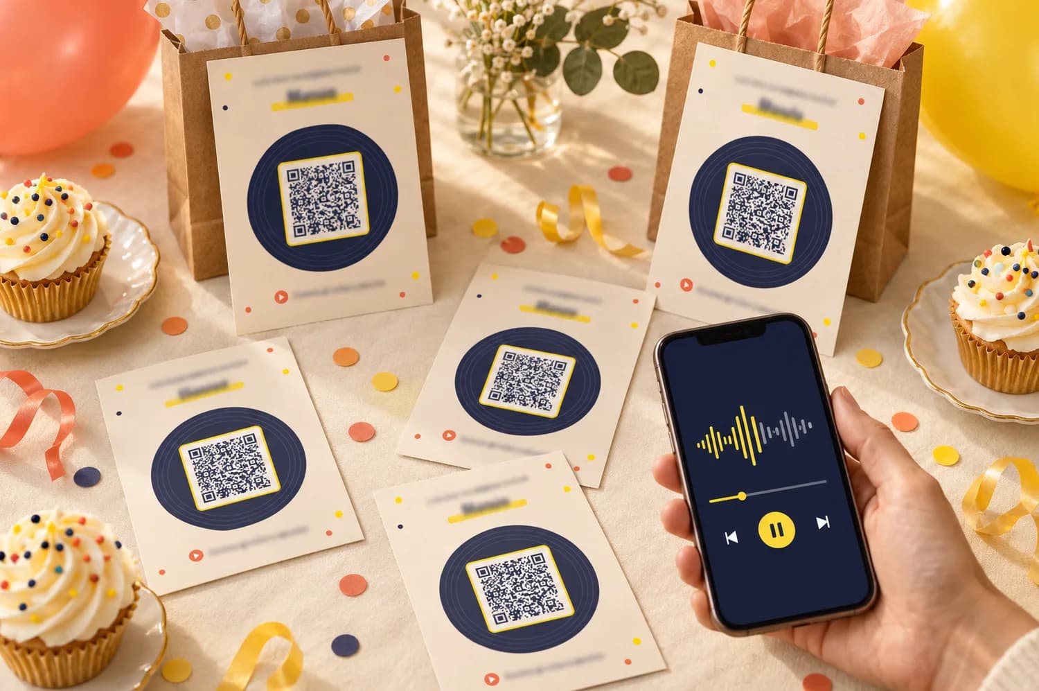 Song party favor cards with QR codes on a party table, next to gift bags and cupcakes, with a phone playing the song